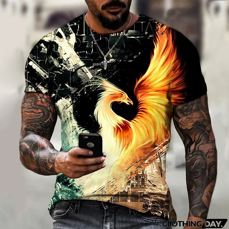 Men Fashion Casual Personalized Color Matching Phoenix 3D Printed Crew Neck Short Sleeve Plus Size T-Shirt