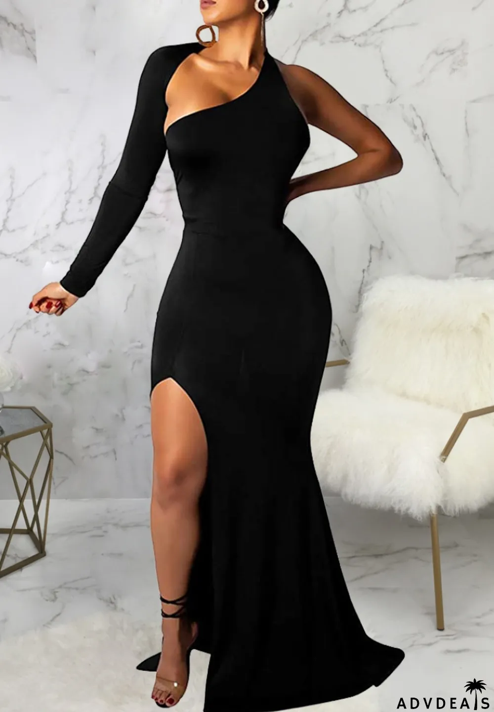 Winter Sexy Black Single Long Sleeve Split Mermaid Evening Dress