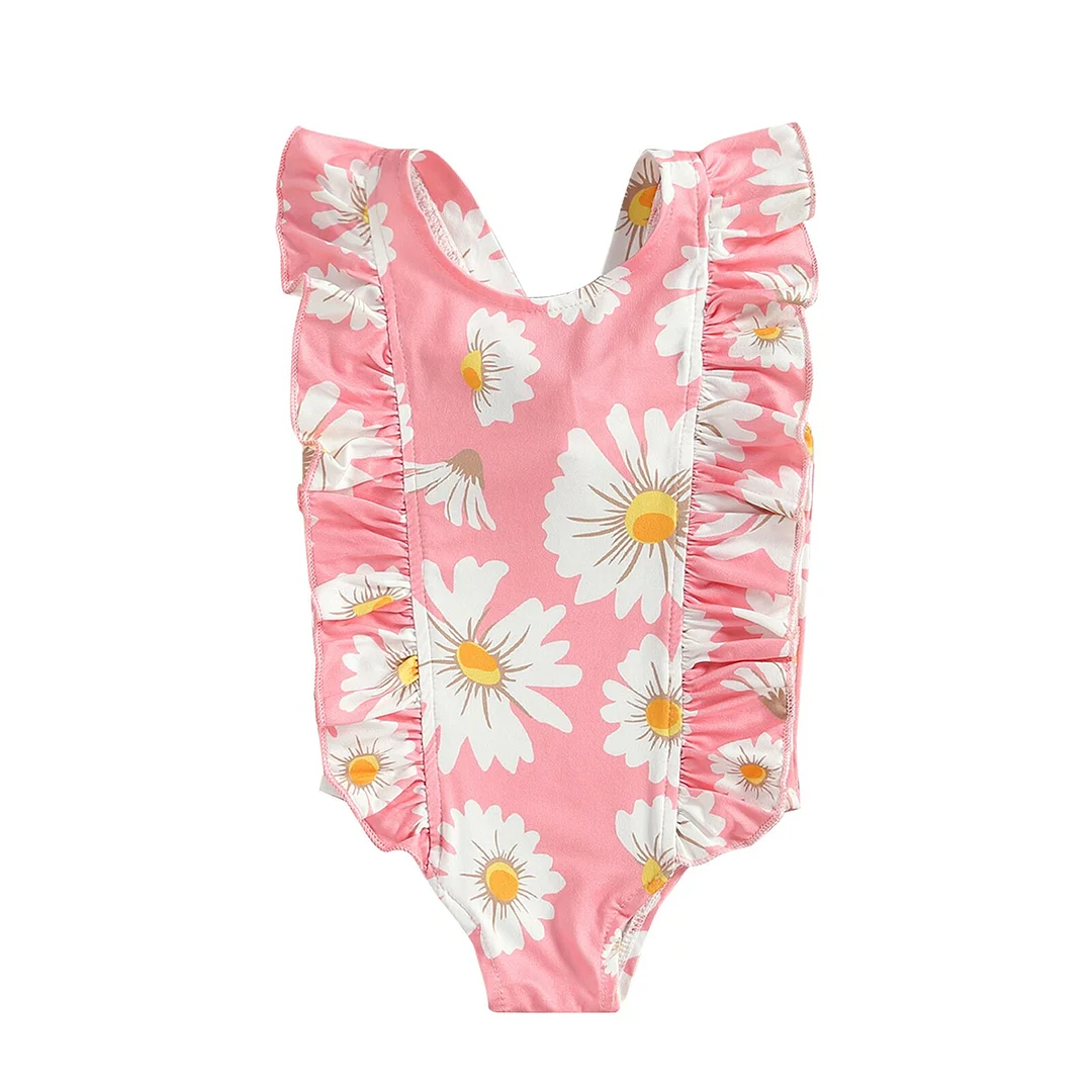 Infant Newborn Girl Sweet Daisy Print One-Piece Swimsuit Fashion Back Bandage Ruffles Sleeveless Swimsuit 6M-5T