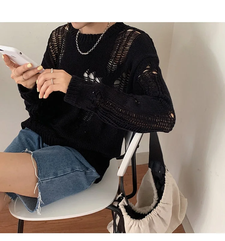 Autumn New Korean Style Long-sleeved Sexy Hole Sweater Asymmetric Hem Loose Pullover Hollow Out Thin Knit Sweater Jumper Tops