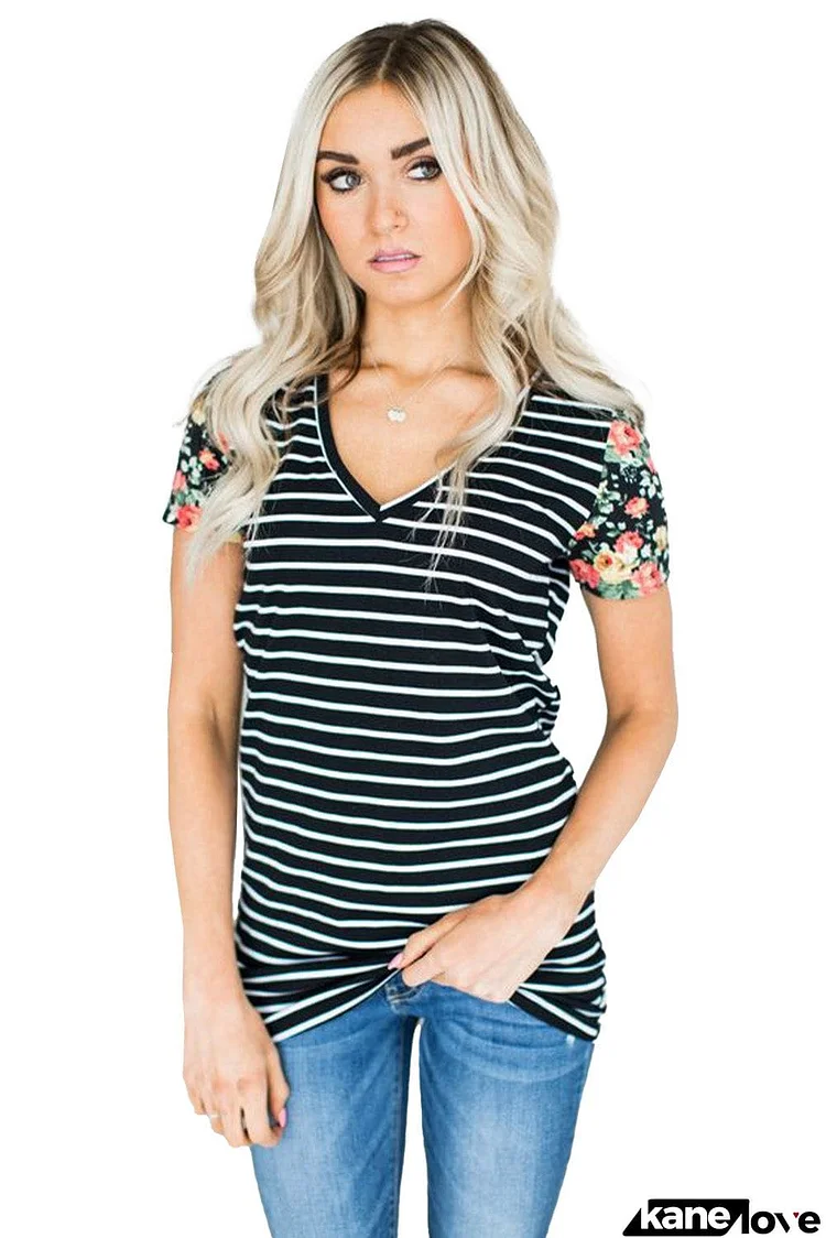 Floral Sleeves Striped T-shirt