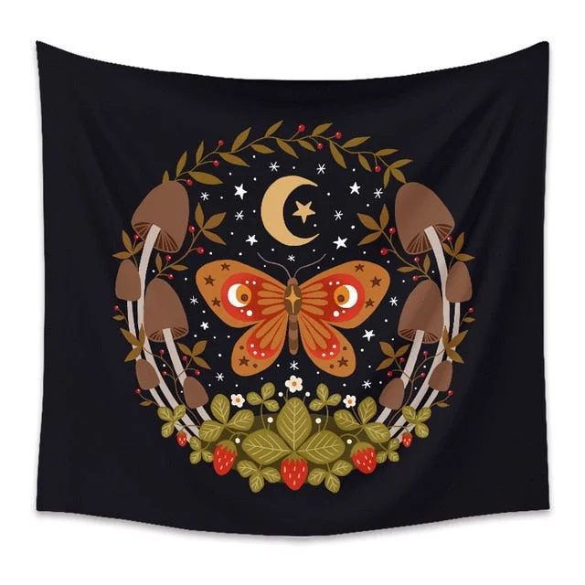 Bee Butterfly Flower Plant Tapestry Wall Hanging Black Background Cloth Moon Sun Tapestry For Farmhouse Decoration tapestry