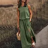 Women's Casual Round Neck Solid Color Sleeveless Slit Jumpsuit Long Dress