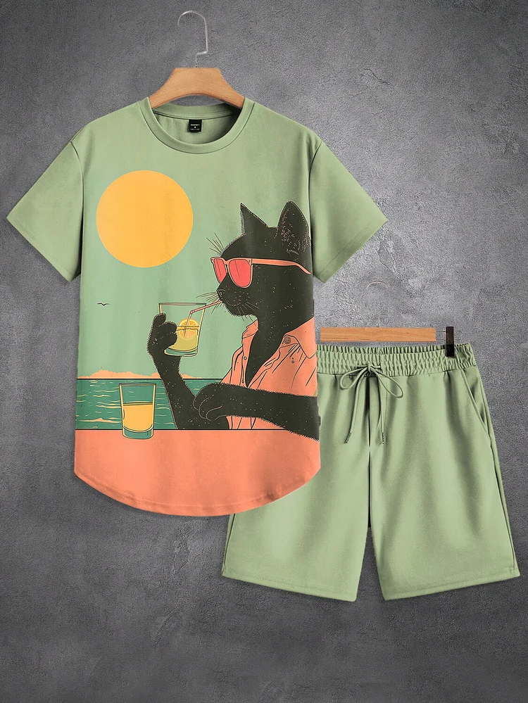 Men's Black Cat Drinks Cocktail On Vacation Art Print T-Shirt Shorts Set