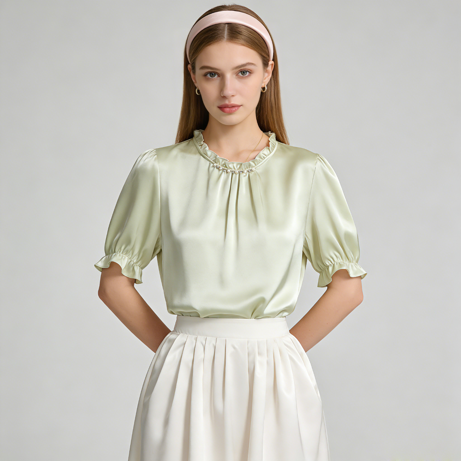 Pearls Decoration Fresh Green Women's Silk Blouse REAL SILK LIFE