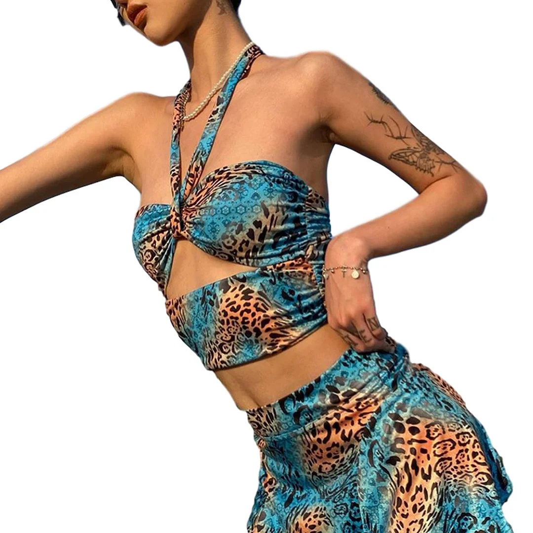 wsevypo Women Vest and Skirts Suits Sexy Tie Dyed/Leopard Two-piece Sets Cutout Halter Crop Tops+Mini Skirt A-Line Clubwear
