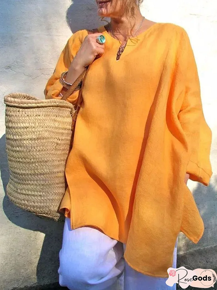 Casual Long Sleeve Oversized Linen V-Neck Blouse