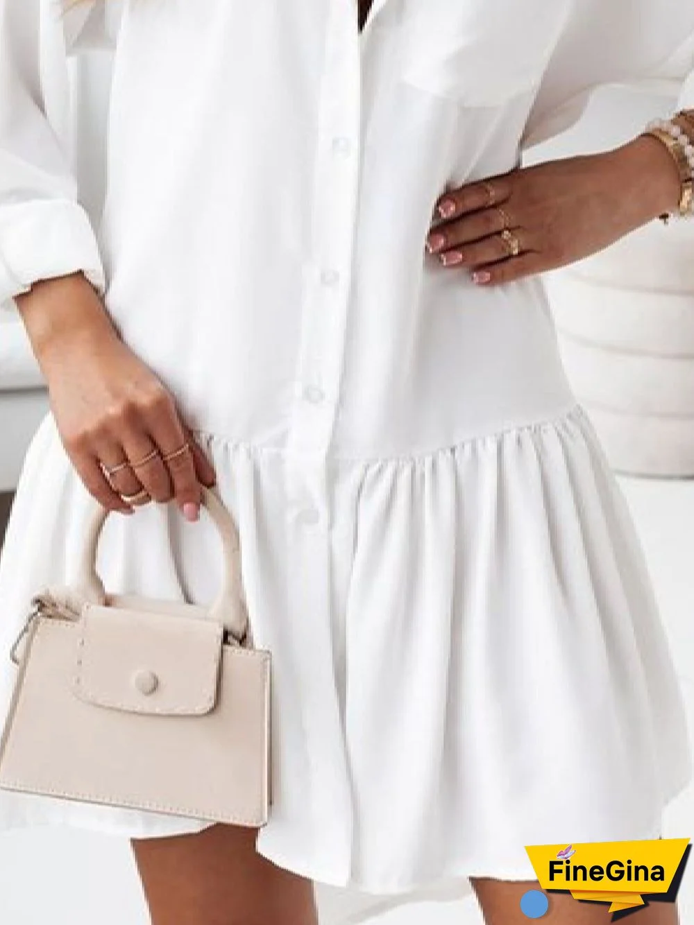 Casual Plain Shawl Collar Loose Long Sleeve Dresses