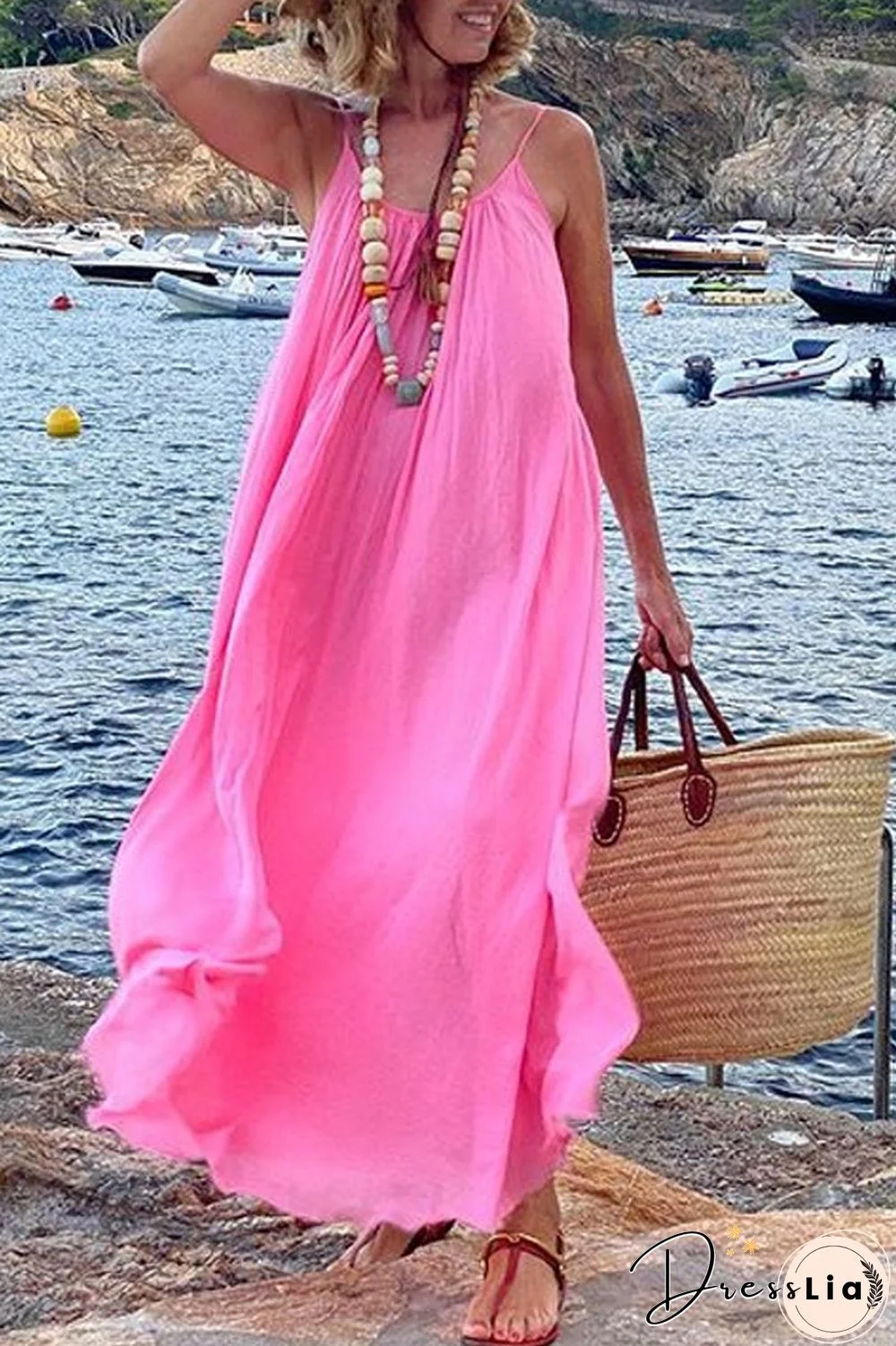 Vacation Chiffon Solid Color Sling Dress