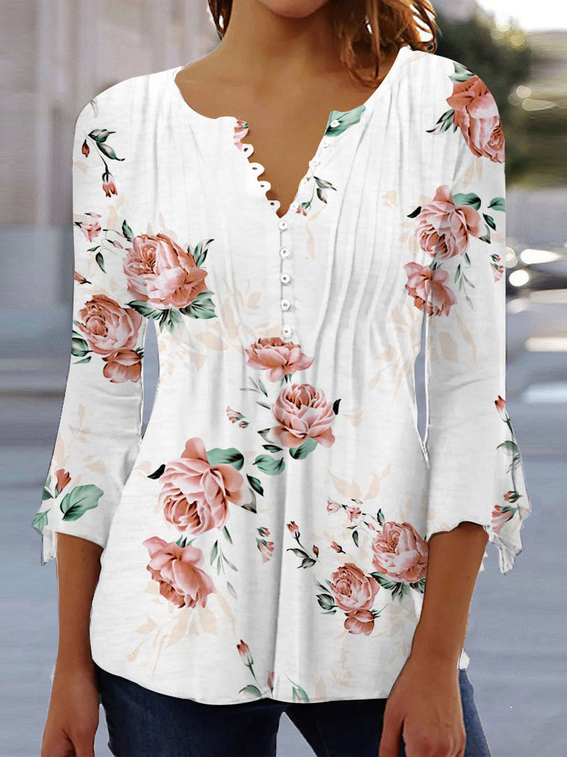 Women Long Sleeve V-neck Graphic Floral Printed Top