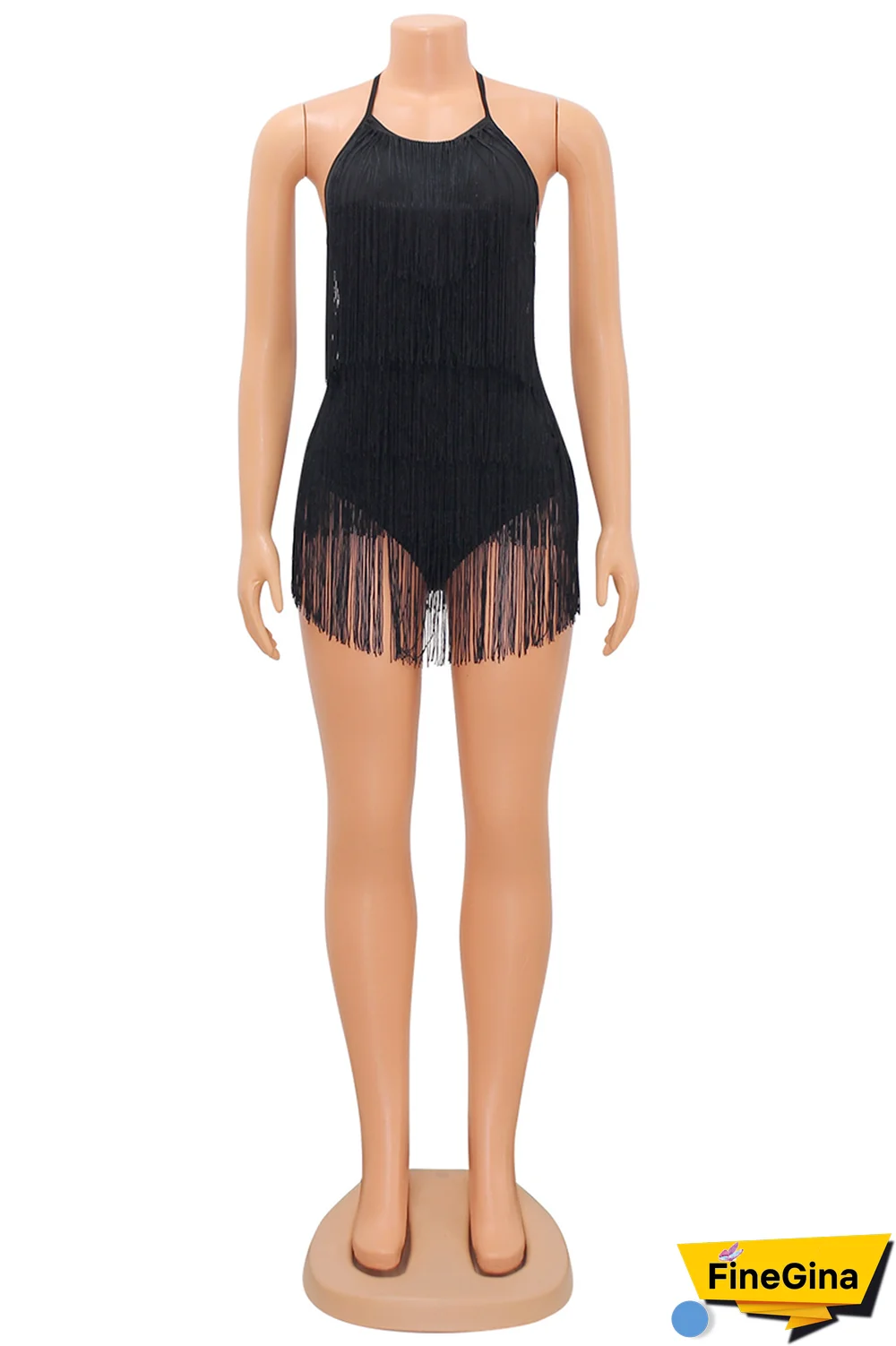 Yellow Sexy Solid Tassel Halter Regular Jumpsuits