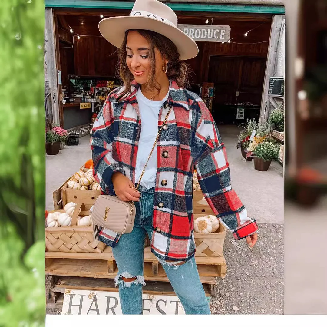 Nigikala Nigikala Net Red Autumn Street Temperament Long-Sleeved Collar Loose Women's Plaid Shirt Long Coat