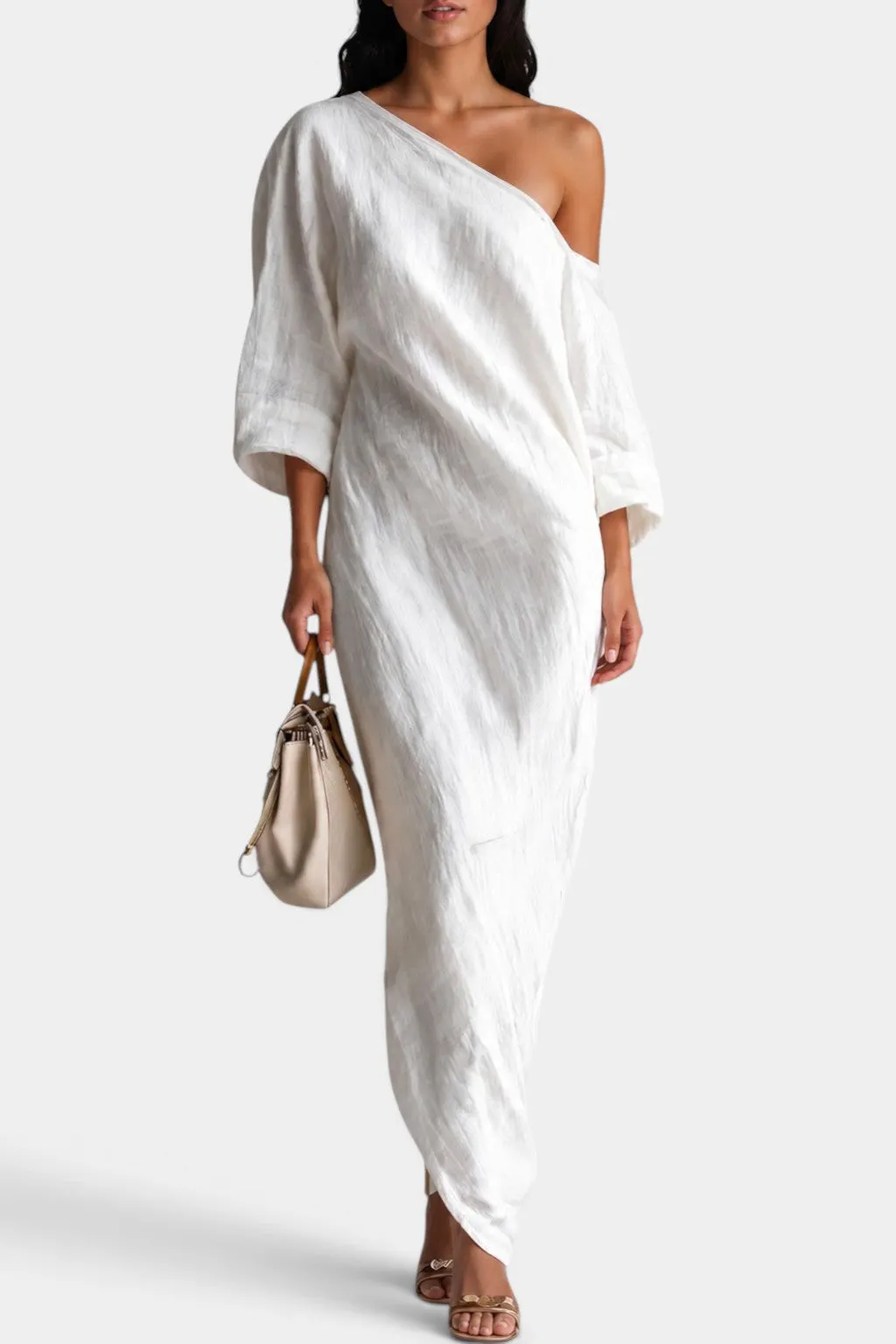 One-Shoulder Linen Maxi Dress with Draped Sleeves