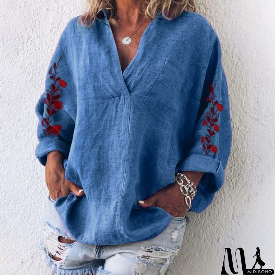 MidiSono - Loose Long Sleeve V-Neck Shirt