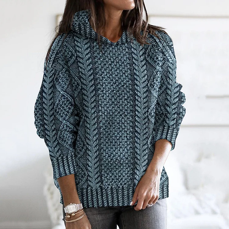 Women's Thick-Knit Clan Pattern Distressed Hooded Sweater