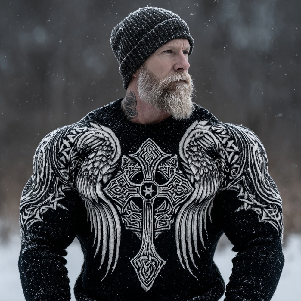Men's Celtic Cross With Wings Viking Comfy Knit Sweater elevenforest