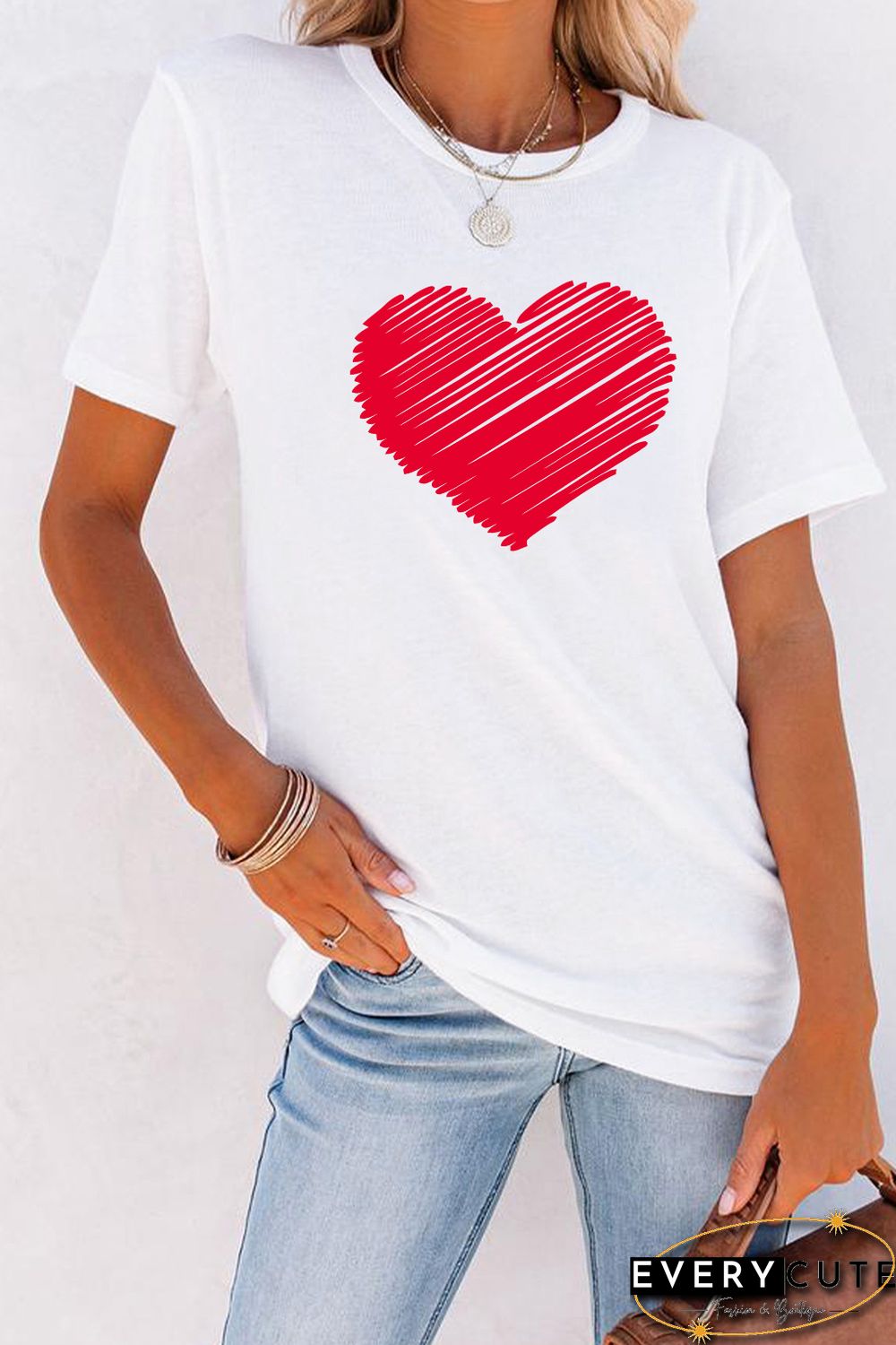 White Valentine Heart-shaped Print Short Sleeve Top