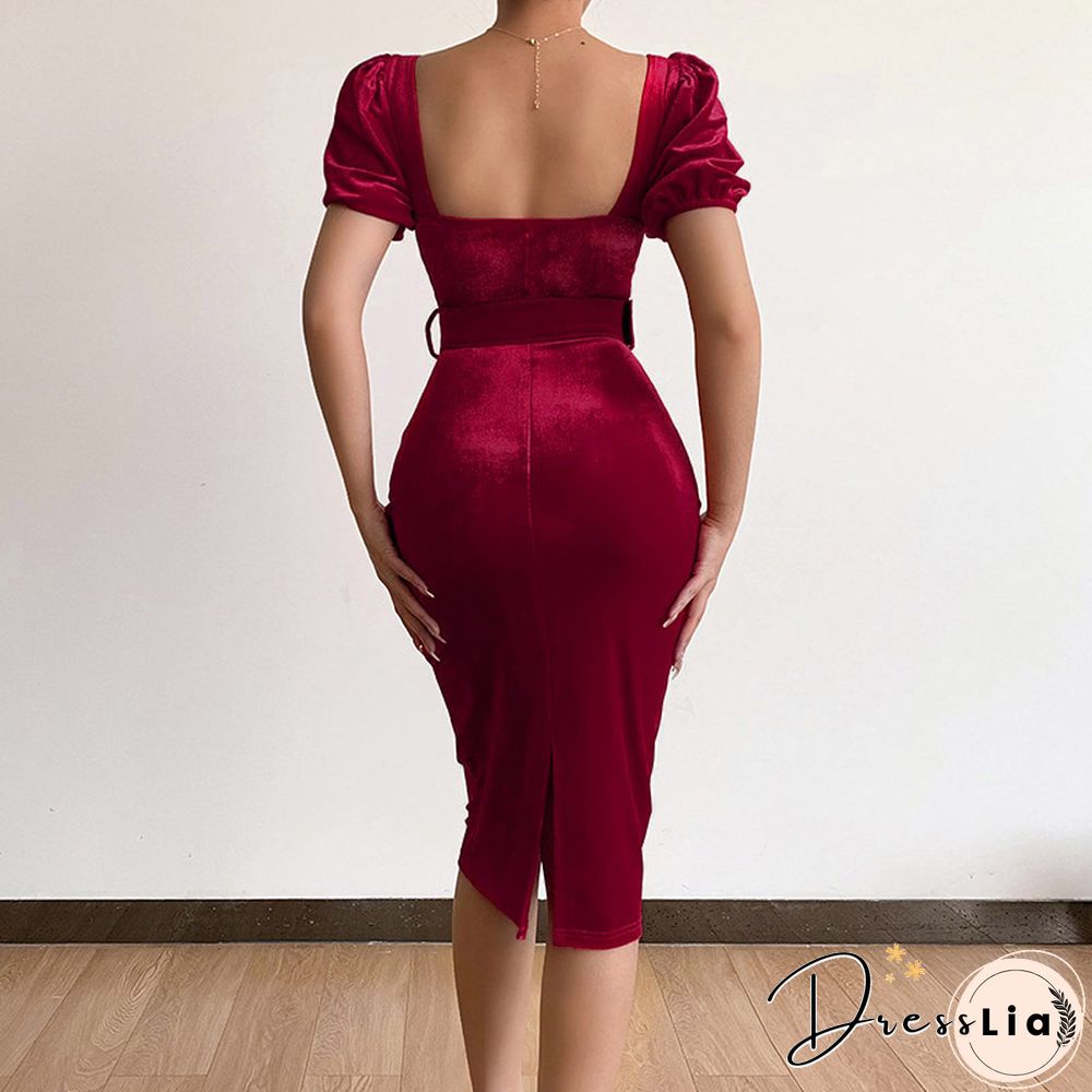 Elegant Bodycon Low-Cut V-Neck Puff Sleeve Midi Dress Women Autumn Velvet Slim Party Dress Fashion Folds Solid Dresses Vestidos