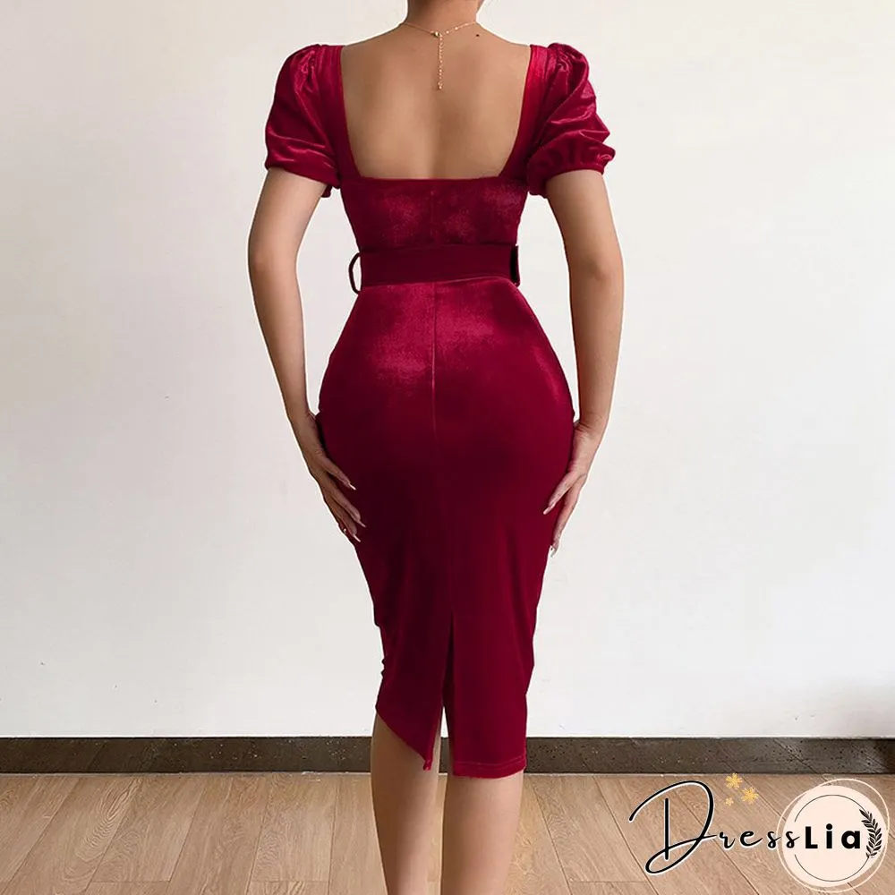 Elegant Bodycon Low-Cut V-Neck Puff Sleeve Midi Dress Women Autumn Velvet Slim Party Dress Fashion Folds Solid Dresses Vestidos