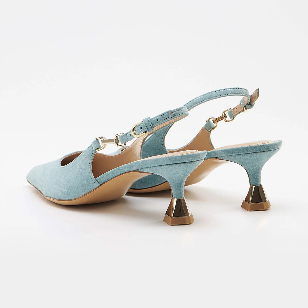 Light Blue Vegan Suede Pointed Toe Buckle Slingback Pumps Heels