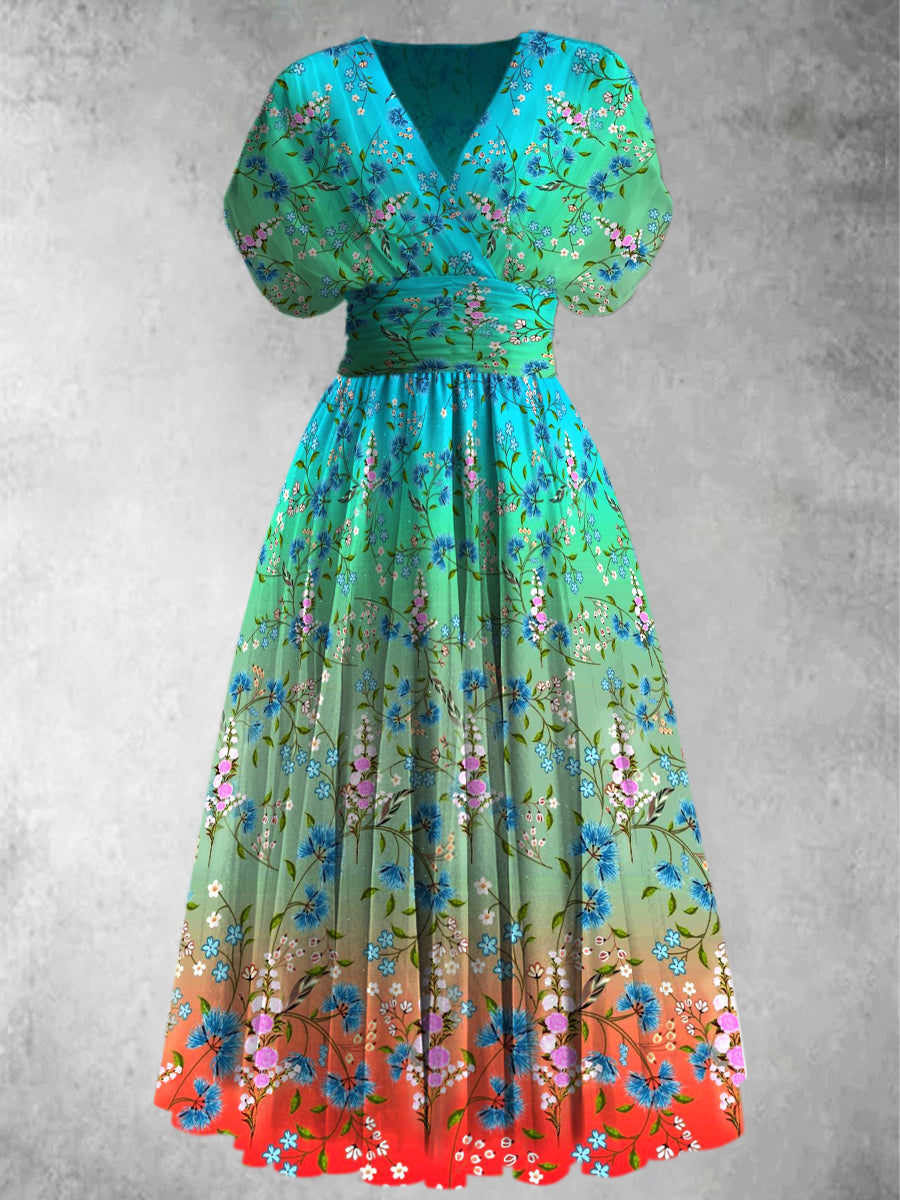 Retro Boho Floral Print Elegant V-Neck Chic Short Sleeve Maxi Dress