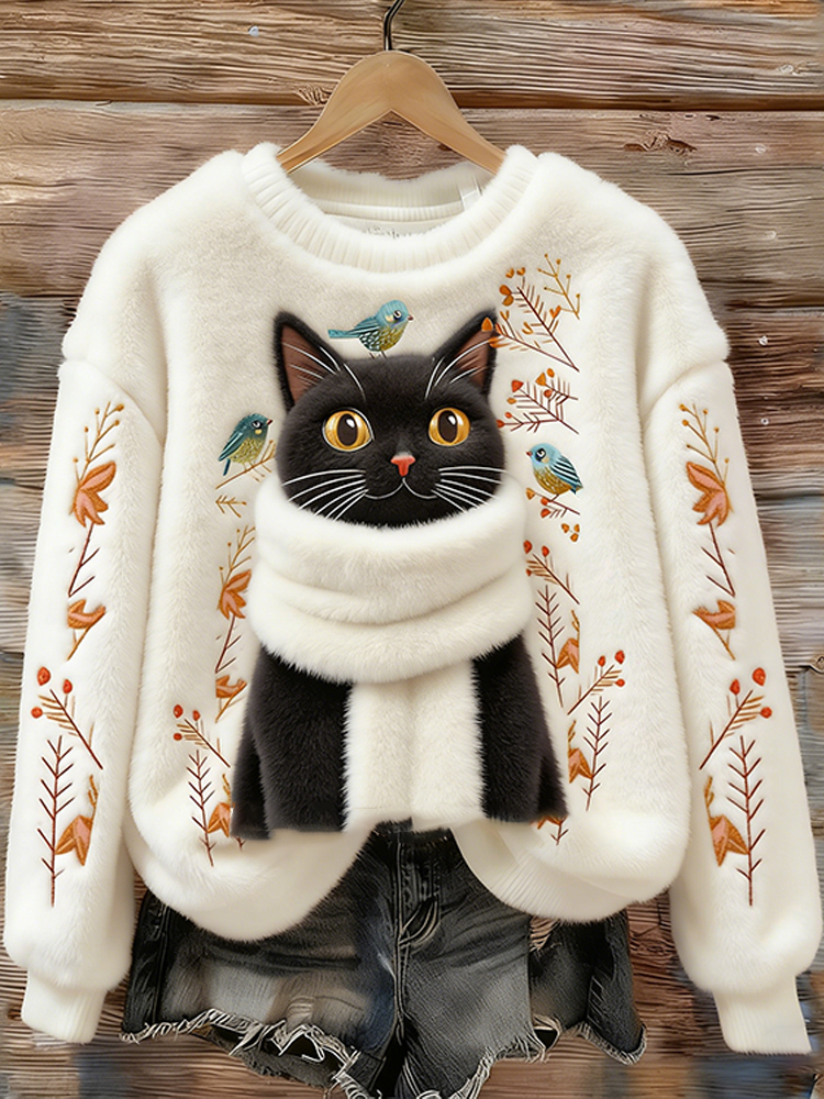 Little Bird And Cat Plush Warm Round Neck Sweatshirt wearshes