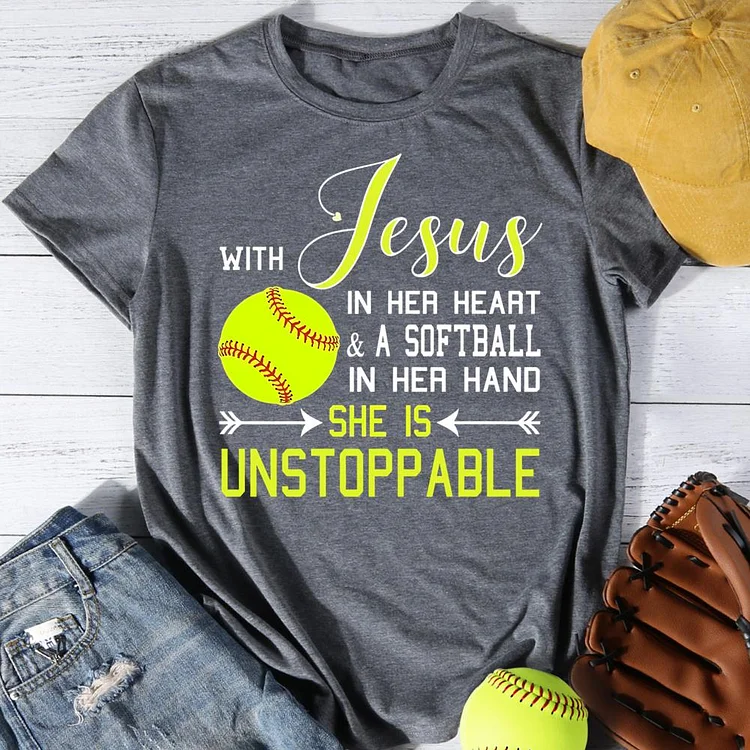 With jesus in her heart and a softball in her hand she is unstoppable Round Neck T-shirt-0025841