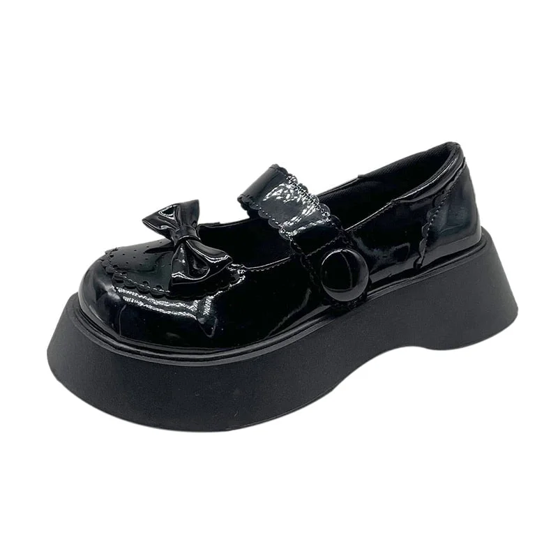 Japanese Style Bowknot Lolita Shoes Woman Patent Leather Chunky Mary Jane Women Pumps Thick Bottom Black Platform Shoes