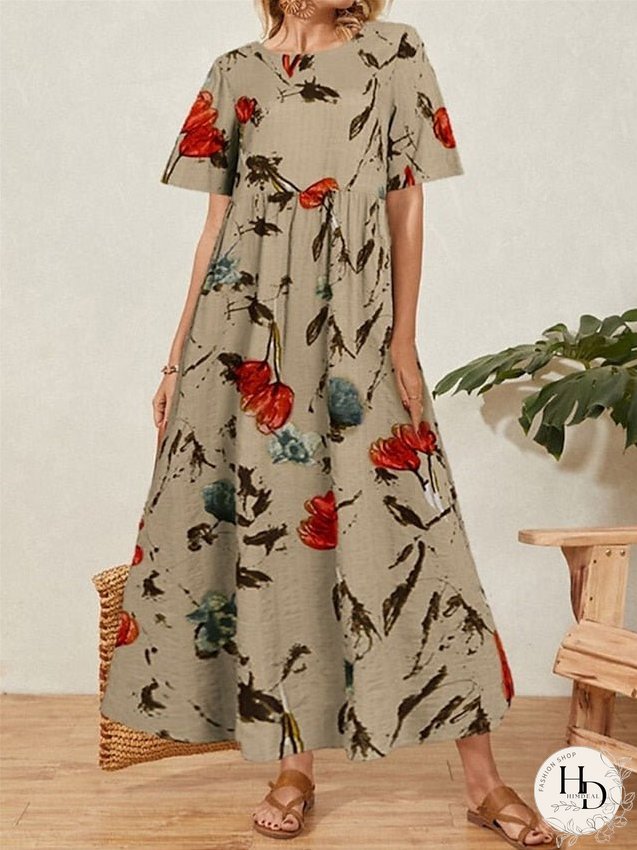 Cotton Linen Dress Casual Dress Maxi long Dress Cotton Blend Basic Casual Outdoor Daily Vacation Crew Neck Ruched Print Short Sleeve Summer Spring Loose Fit Green khaki Flower S M L XL for Women