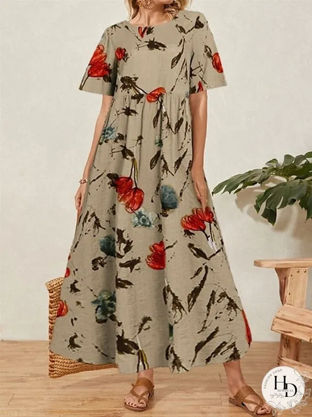 Cotton Linen Dress Casual Dress Maxi long Dress Cotton Blend Basic Casual Outdoor Daily Vacation Crew Neck Ruched Print Short Sleeve Summer Spring Loose Fit Green khaki Flower S M L XL for Women