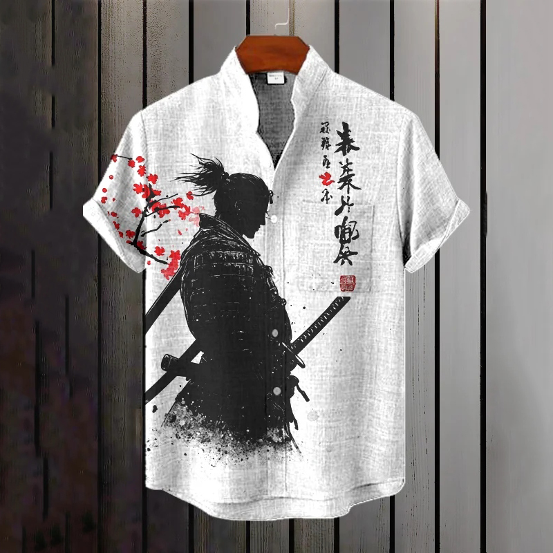Men's The Silhouette Of A Japanese Soldier Print Short Sleeve Shirt