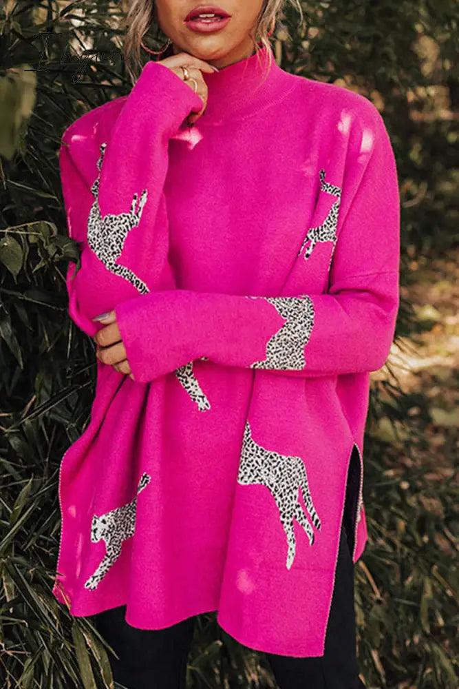 Ingvn - Casual Animal Slit Printing Turtleneck Tops Rose Red / S Tops/Sweats & Hoodies