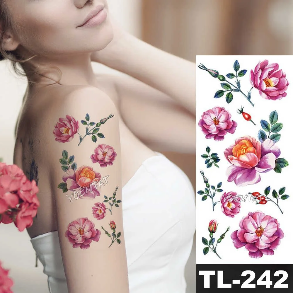Sdrawing Watercolor Rose Lily Flower Waterproof Tattoo Stickers Women Body Chest Art Temporary Tatto Girl Waist 3D Flowers Tatoo