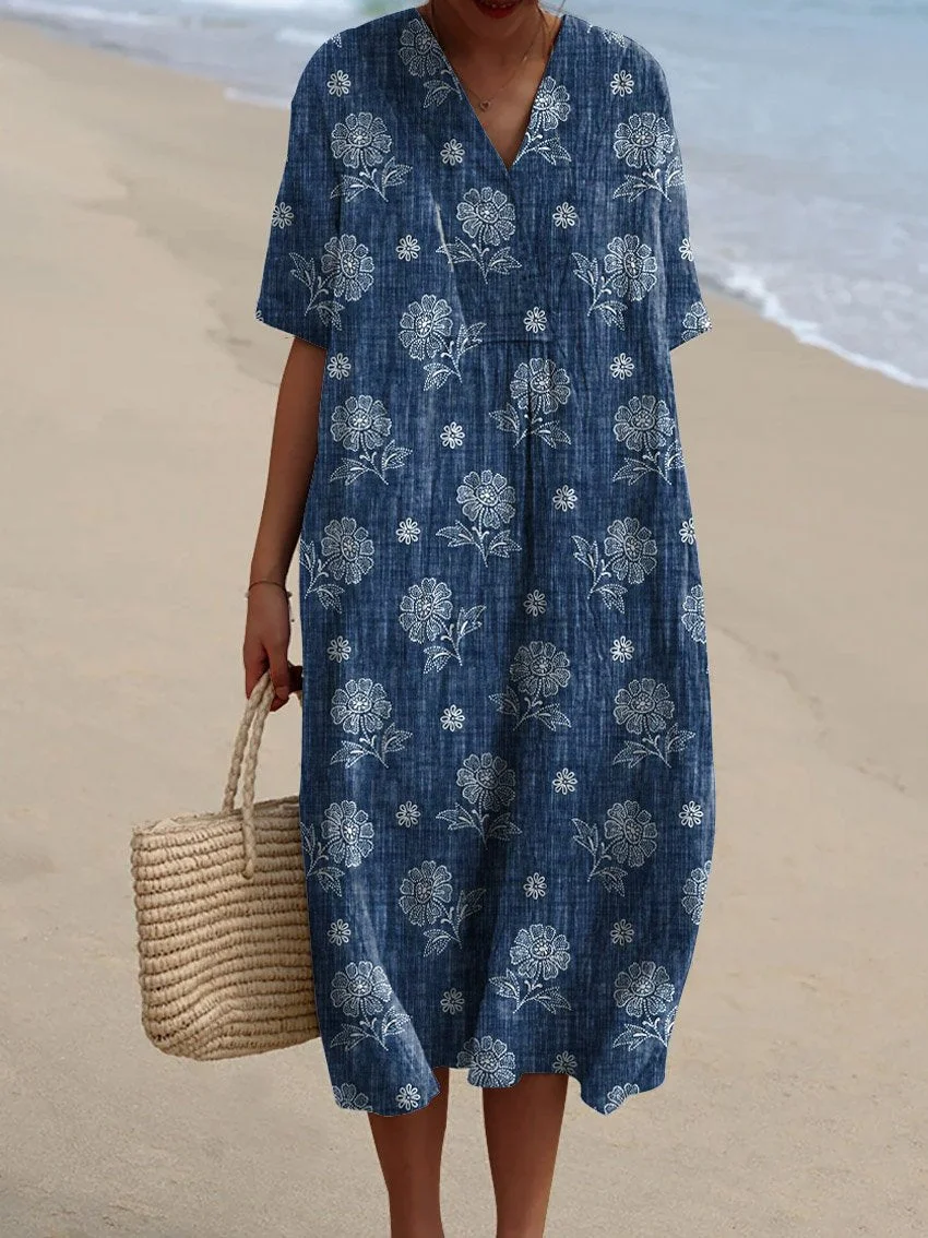 Women's Vintage Ethnic Floral Art Print Flowy Dress