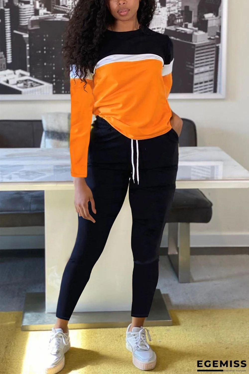 Orange Fashion Sportswear Adult Patchwork Solid Patchwork O Neck Long Sleeve Regular Sleeve Regular Two Pieces | EGEMISS