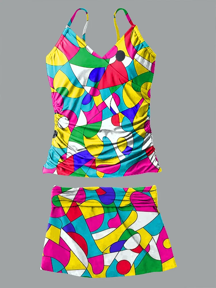 Abstract geometric pattern art print suspender skirt bikini V neck set swimsuit