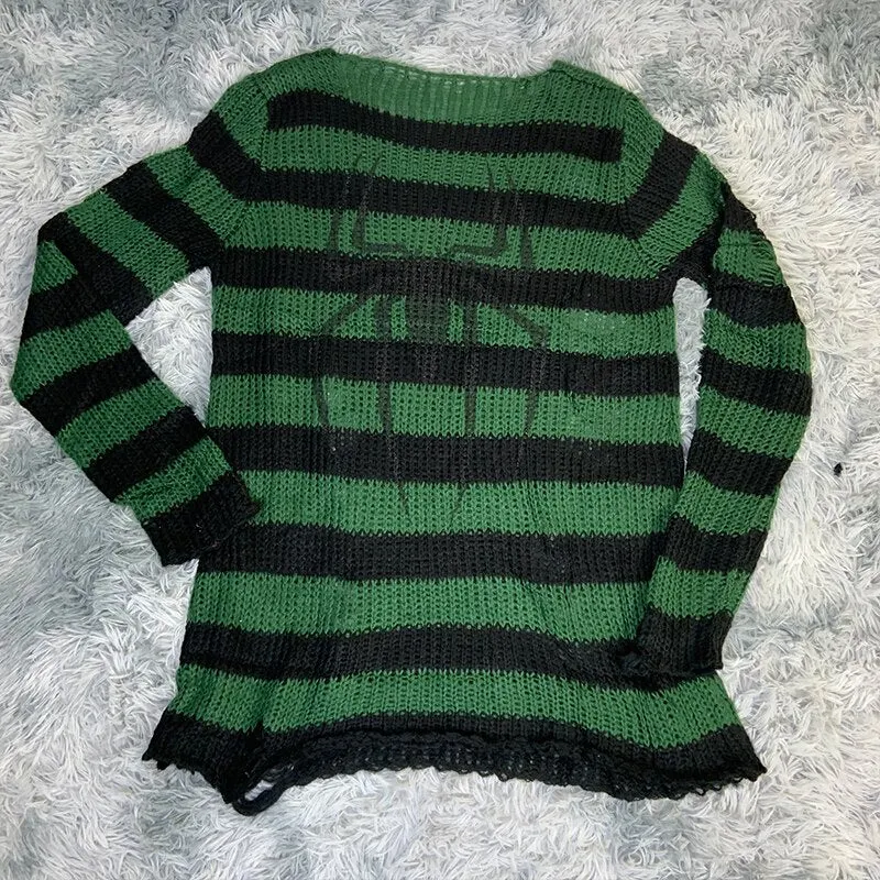 Plus Size Punk Gothic Long Unisex Sweater Dress Women Man Striped Cool Hollow Out Hole Broken Jumper Loose Rock Thin Sweter 2021