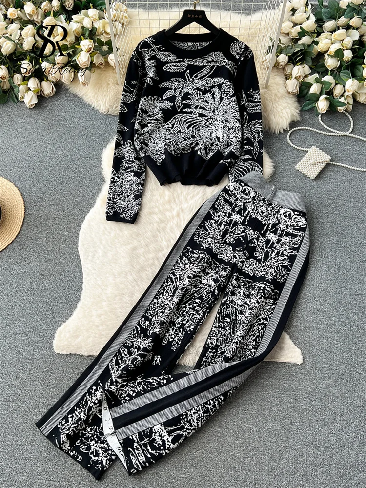 Huibahe Winter Print Sweater Two Pieces Suits Loose Warm Pullovers+Wide Legs Long Pants Streetwear Vintage Casual Knitted Sets