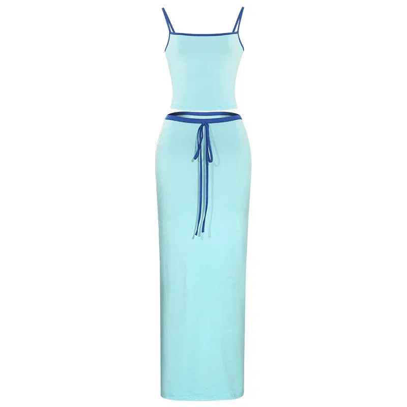 Toloer Blue Two Tone Cami Top And Maxi Skirt Set-Outfit Ideas