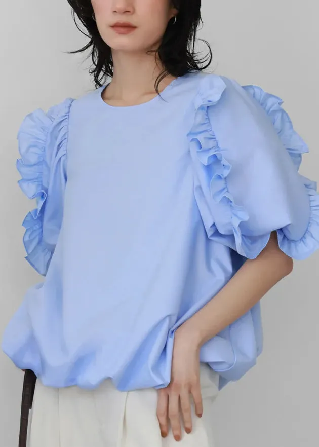 Fitted Blue Ruffled Cotton Tanks Puff Sleeve
