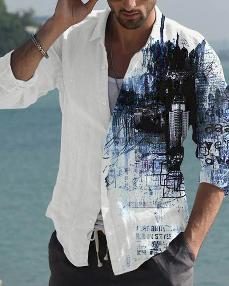 Men's Cotton Abstract Blue Letter Printed Long Sleeve Cardigan Shirt
