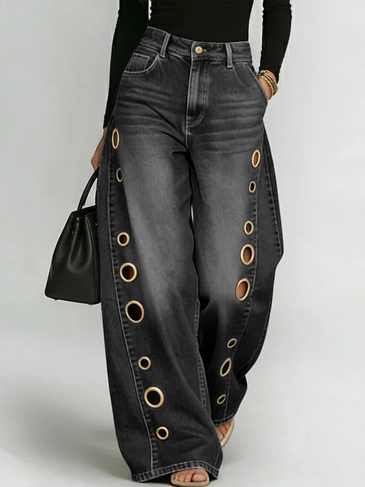 Buttoned Geometric Hollow Pockets Split-Joint High Waisted Loose Jean Pants Bottoms