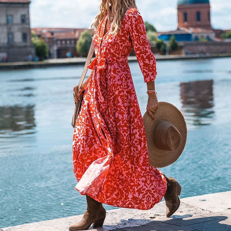 Woherb Woherb Spot 2024 Spring New Women's Fashion Print Holiday Wind Long Shirt Dress-Outfit Ideas