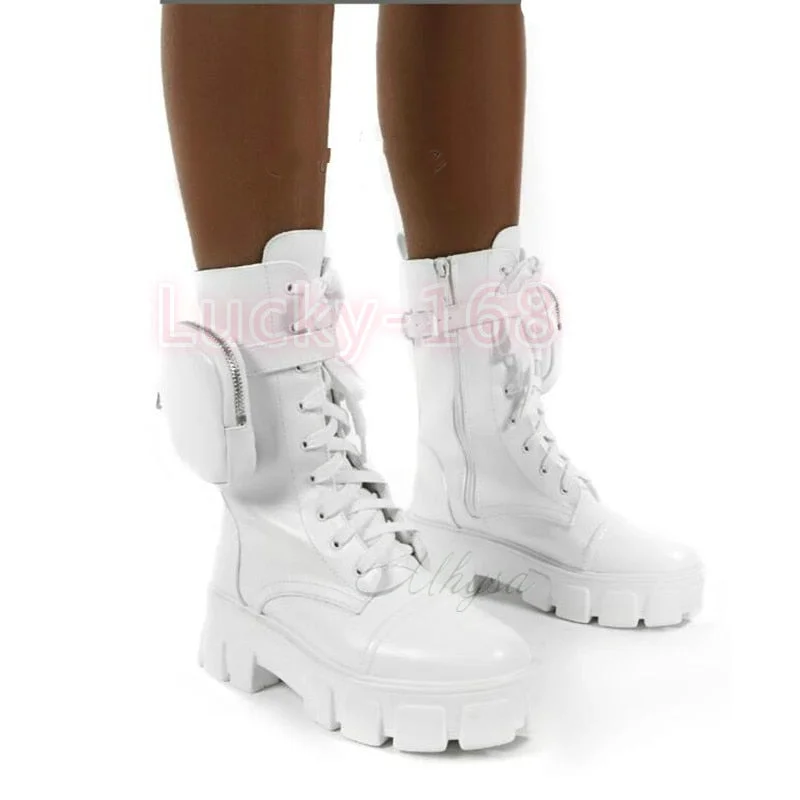 2020 Autumn Winter Bootie Pocket Buckle Strap Pink Chunky Sole Pouch Ankle Boots Shiny Leather Patchwork Arrival Platform Boots