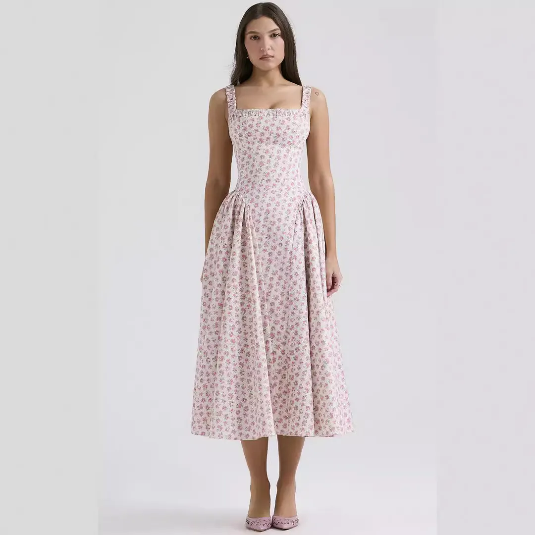 Brownm Brownm 24 Years Broken Flower Bohemian Wind Waist Show Thin Back Holiday Wind Sling Medium Long Dress 88104