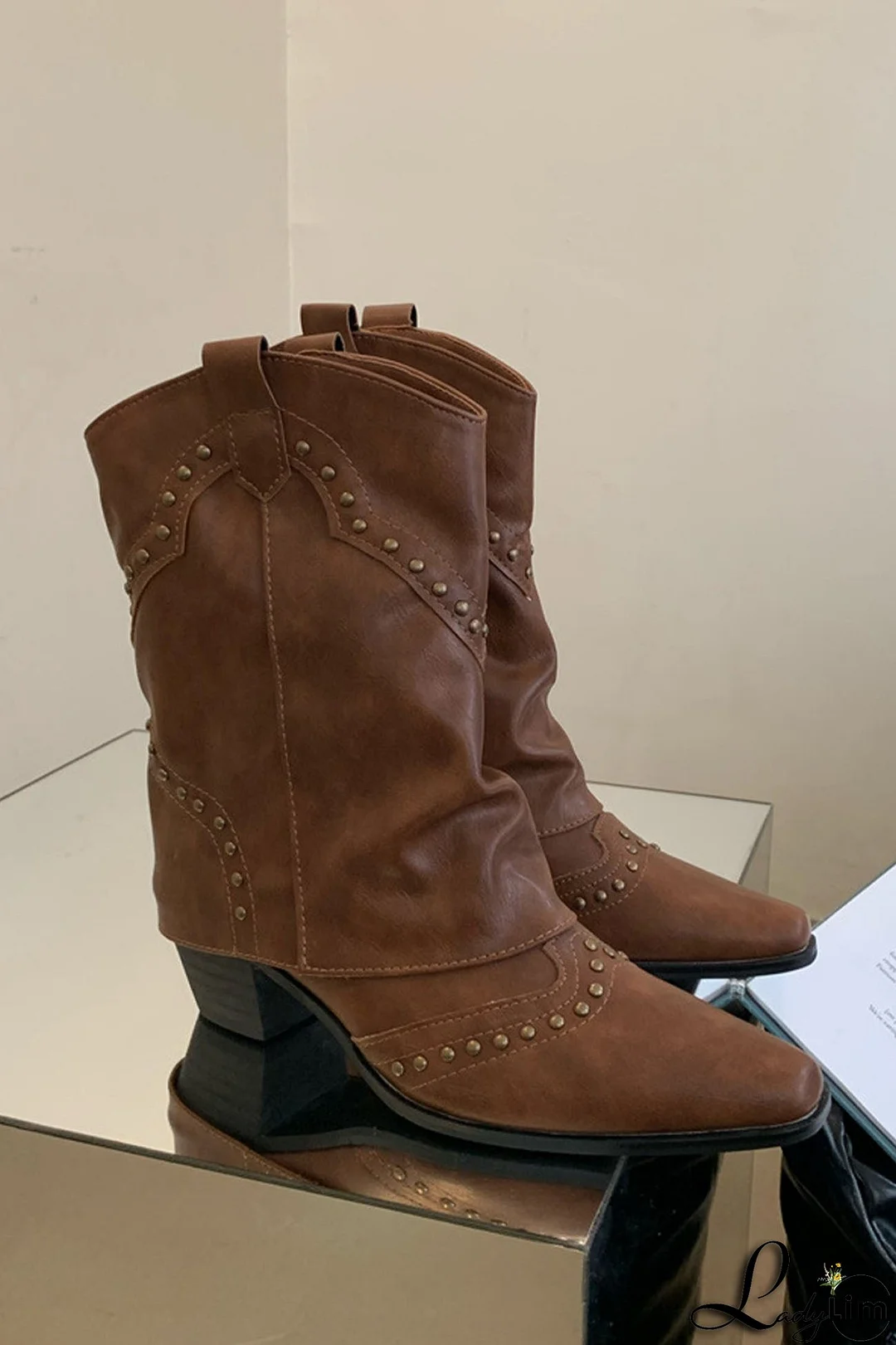 Vintage Pointed Toe Rivet Mid-Calf Boots