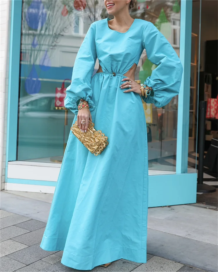 Women's Blue Round Neck Hollow Dress