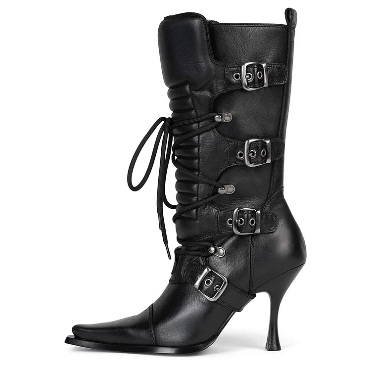 Black Pointed Toe Lace-up Buckle Stilettos Mid-Calf Motorcycle Boots |FSJ Shoes