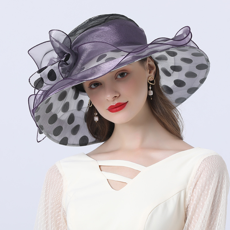 Elegant Purple Organza Polka Dots Floral Bow Wide Brim Hat 2024 - Flycurvy 