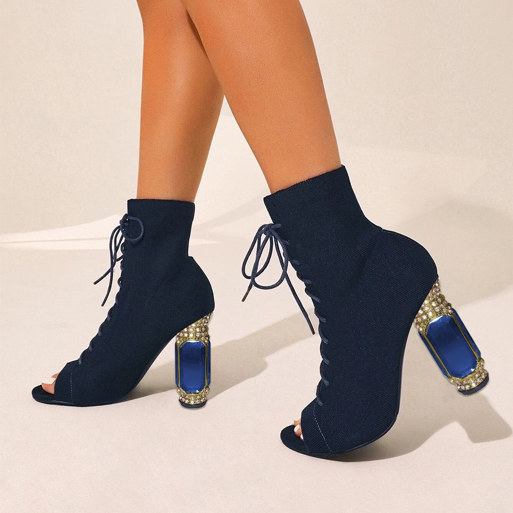 Navy Peep Toe Rhinestone Sculptural Heel Lace Up Boots for Women Nicepairs